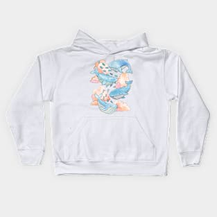 Aqua Blue Whales & Fish Swimming Within Dreamy Sunset Clouds Kids Hoodie